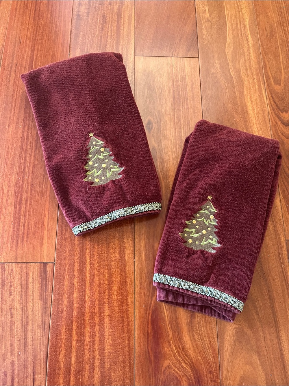 Set of 2 Burgundy Holiday Hand Towels with Tree Embroidery